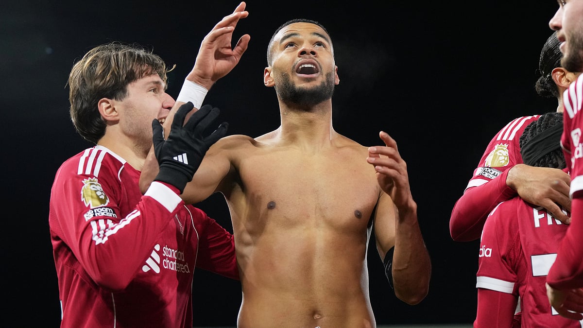 | Photo: AP/Alastair Grant : Liverpool's Cody Gakpo celebrates after scoring his side's second goal during the English Premier League soccer match between Fulham and Liverpool in London, Sunday, Jan. 4, 2026. 