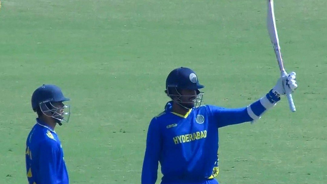 | Photo: X/rajasthanroyals : Hyderabad's Aman Rao Perala celebrates his century during the Vijay Hazare Trophy match against Bengal on January 6, 2026.