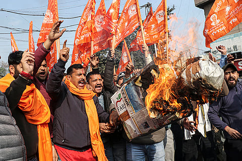 Rashtriya Bajrang Dal members stage a demonstration demanding revocation of the MBBS admission list of Shri Mata Vaishno Devi Institute of Medical Excellence in Jammu and Kashmir's Reasi, in Jammu.