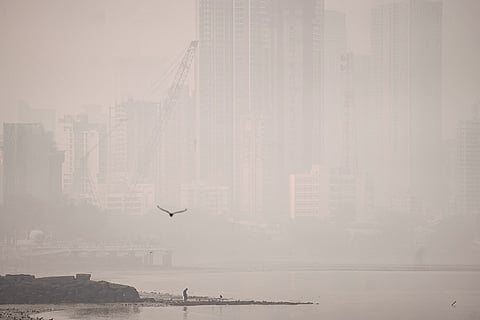 A bird flies over the shoreline with the high-rise buildings shrouded in dense fog in the backdrop, in Mumbai.