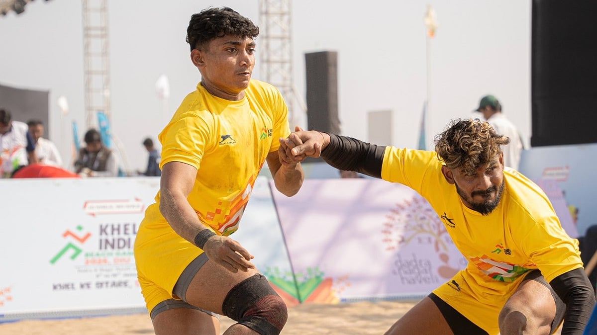 Special Arrangement  : Shivaji Dadaso Pujari (left) in action during a Kabaddi match at the Khelo India Beach Games 2026