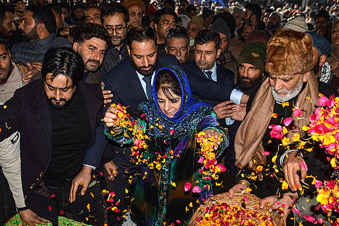 PDP President Mehbooba Mufti, front centre, pays tribute at the grave of her father and former Jammu and Kashmir chief minister Mufti Mohammad Sayeed on his death anniversary, at Dara Shikoh Park, Bijbehara, in Anantnag district.