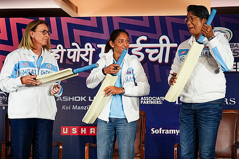 From left, Mumbai Indians’ head coach Lisa Keightley, captain Harmanpreet Kaur and mentor Jhulan Goswami during the Women's Super League’s (WPL) pre-season press conference, in Mumbai.