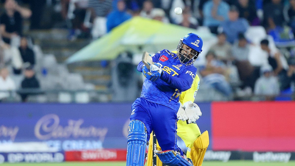 Special Arrangement : Nicholas Pooran of MI Cape Town hits over the top for six during match 15 of SA20 season 4 between MI Cape Town (MICT) and Joburg Super Kings (JSK)