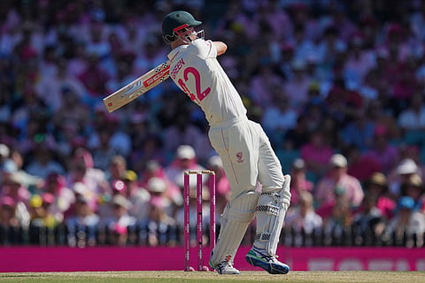 Australia's Cameron Green hits a six during play on day three of the fifth and final Ashes cricket test between England and Australia in Sydney.