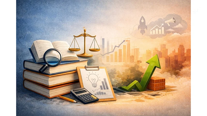 Conceptual image featuring books, a scale of justice, a calculator, and a rising green arrow.
