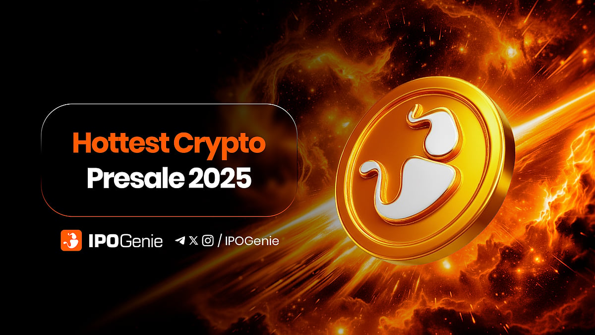 Promo for IPOGenie featuring a gold coin and Hottest Crypto Presale 2025 text.