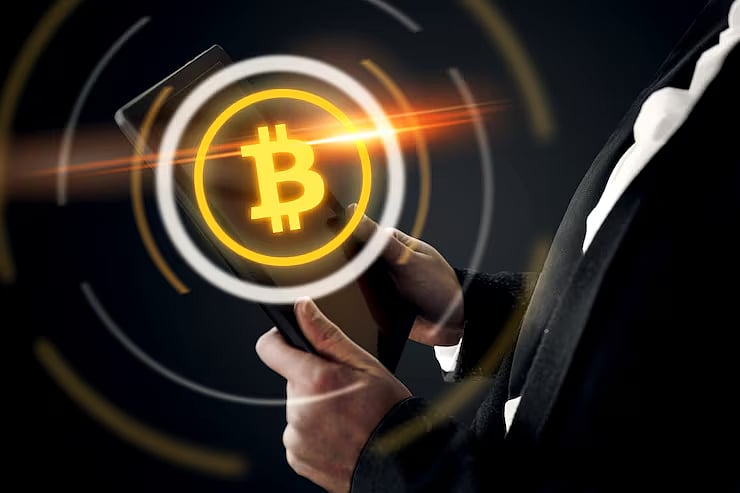 Hand holding a digital Bitcoin symbol with glowing circular interface effects