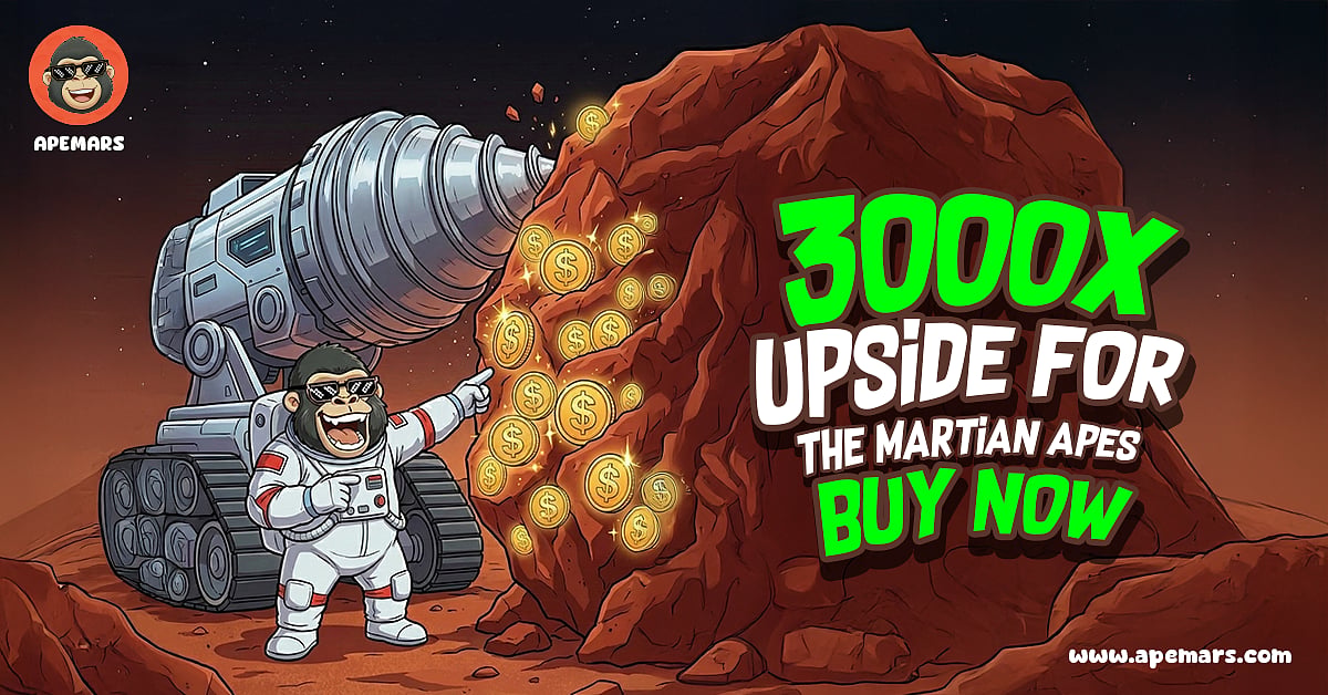Cartoon astronaut drilling on Mars with text promoting upside potential and a buy now message.