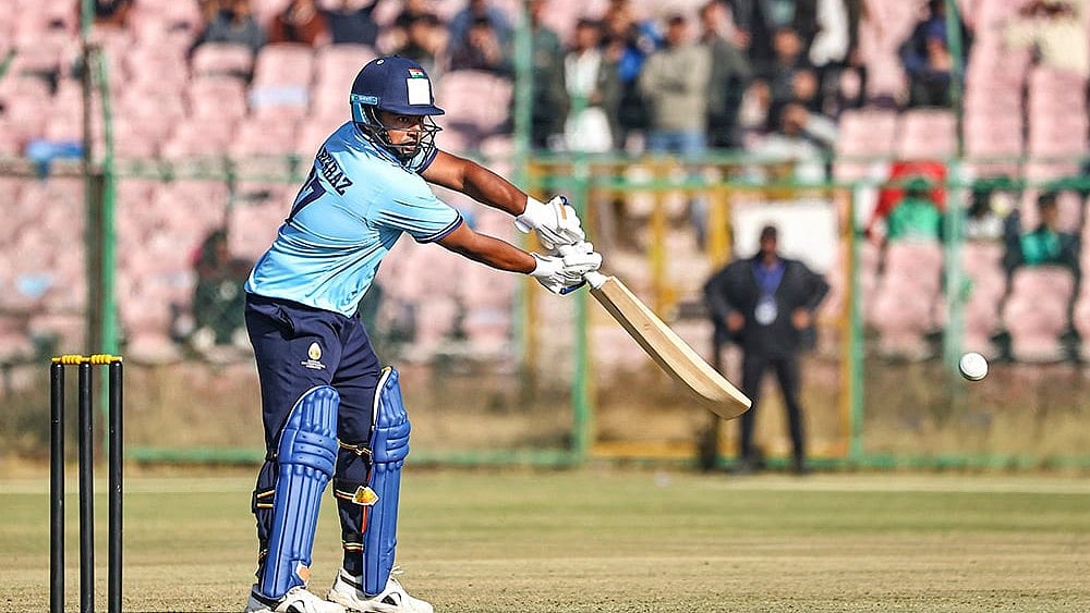 | Photo: PTI : Mumbai's Sarfaraz Khan smashed a dashing 20-ball 62 against Punjab in the last league match of the Vijay Hazare Trophy 2025-26 in Jaipur on January 8.