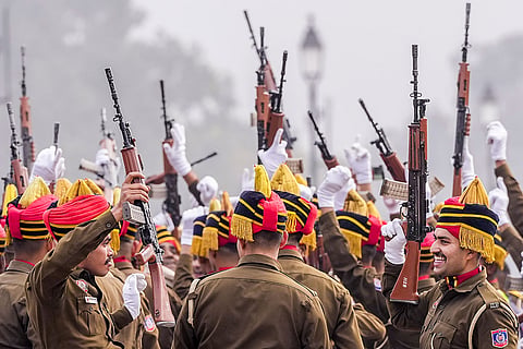 Delhi Police contingent during a rehearsal for Republic Day, in New Delhi.