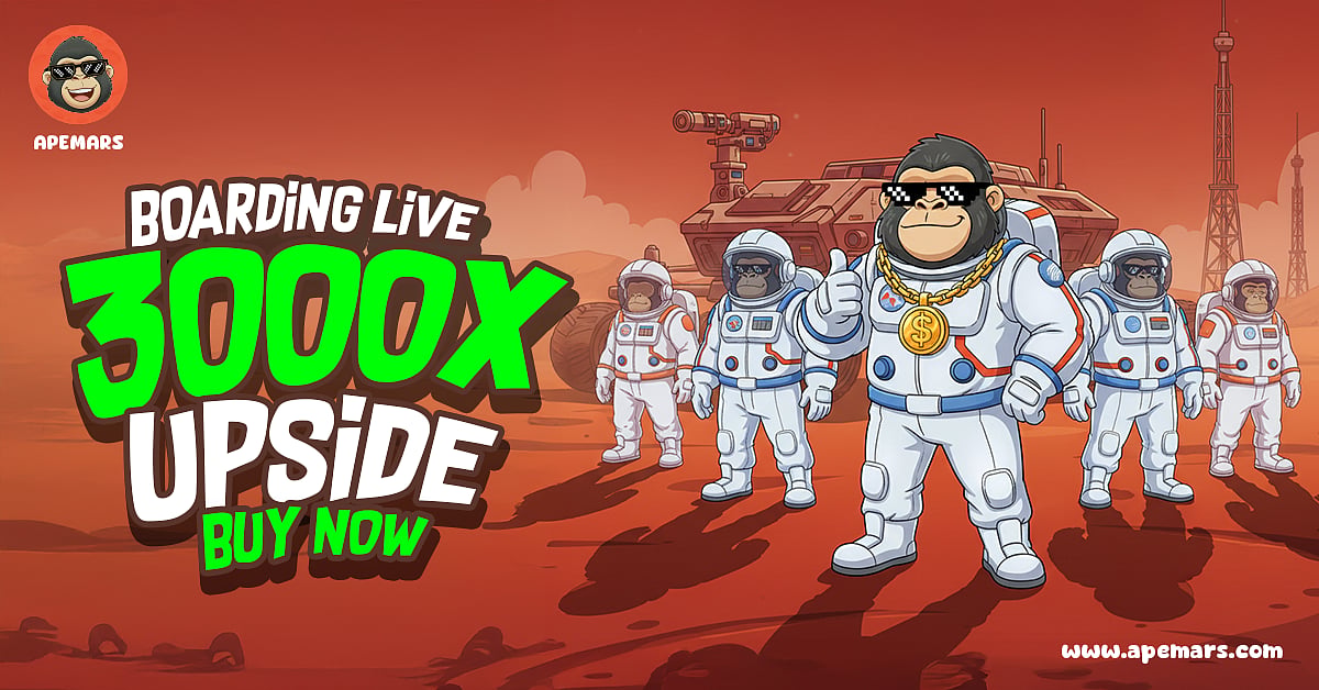 Cartoon astronauts with text “3000x upside, buy now” on a Mars-themed background.