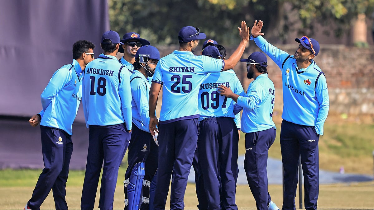 (PTI Photo)  : Mumbai's Suryakumar Yadav with teammates celebrates during the Vijay Hazare Trophy 2025-26 cricket match between Mumbai and Punjab, at Jaipuria Cricket Academy in Jaipur, Thursday, Jan. 8, 2026. 