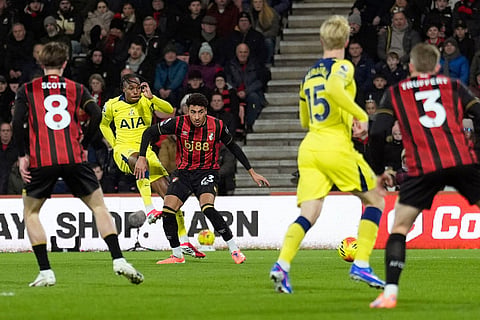 Tottenham Hotspur's Mathys Tel, second left, scores their side's first goal of the game during the English Premier League soccer match between Bournemouth and Tottenham Hotspur in Bournemouth, England.