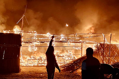 A fire breaks out at the Gangasagar Mela premises, gutting several temporary shelters on Sagardwip island in West Bengal's South 24 Parganas district.
