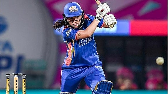 | Photo: PTI : Mumbai Indians’ Amelia Kerr plays a shot during a Women's Premier League (WPL) T20 cricket match between Mumbai Indians and Royal Challengers Bengaluru, at the DY Patil Stadium, in Navi Mumbai.