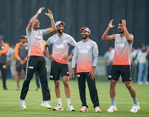 Vadodara: From left, India’s captain Shubman Gill, Prasidh Krishna, Ravindra Jadeja and Arshdeep Singh during a practice session ahead of the first ODI cricket match of a series between India and New Zealand, at Kotambi Stadium, in Vadodara, Gujarat.