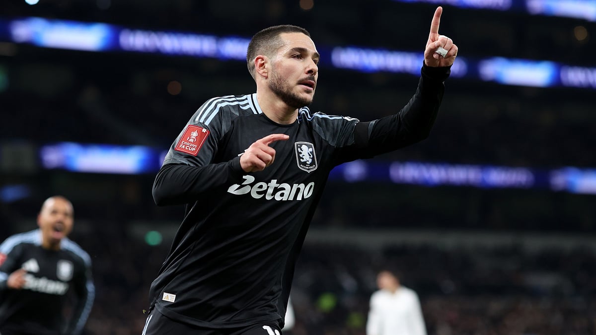 Aston Villa's Emiliano Buendia celebrates his goal during the FA Cup match against Tottenham Hotspur on January 10, 2026.