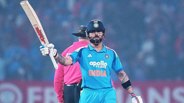 India's Virat Kohli celebrates his fifty runs during the first One Day International cricket match between India and New Zealand in Vadodara, India, Sunday, Jan. 11, 2026. - | Photo: AP/Ajit Solanki