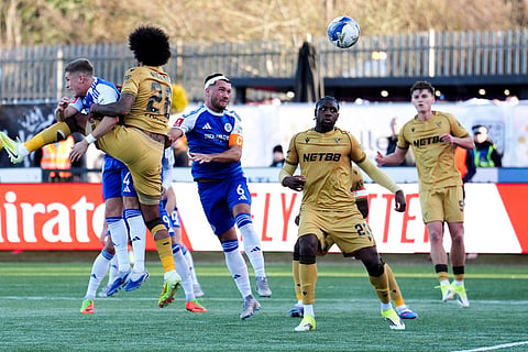 Macclesfield Town's Paul Dawson scores the opening goal, during the FA Cup third round soccer match between Macclesfield Town and Crystal Palace, at the Leasing.com Stadium, Macclesfield, England.