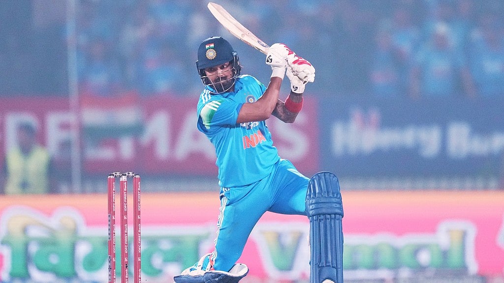 Photo: AP : KL Rahul plays a shot during the first ODI between India and New Zealand in Vadodara.