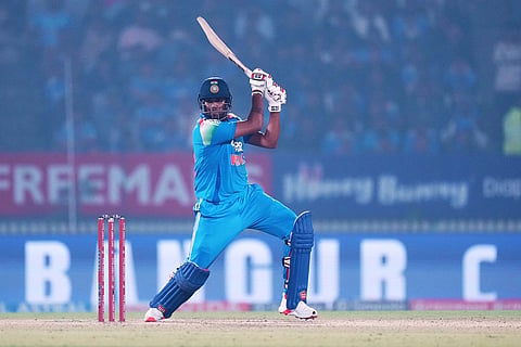 India's Harshit Rana plays a shot during the first One Day International cricket match between India and New Zealand in Vadodara, India.