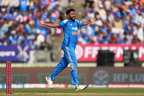 India's Mohammed Siraj celebrates the wicket of New Zealand's Will Young during the first One Day International cricket match between India and New Zealand in Vadodara, India.