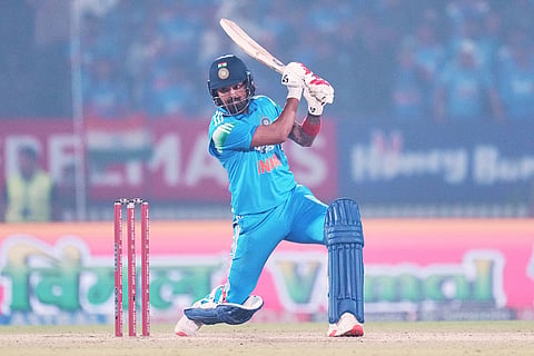 India's KL Rahul plays a shot during the first One Day International cricket match between India and New Zealand in Vadodara, India.