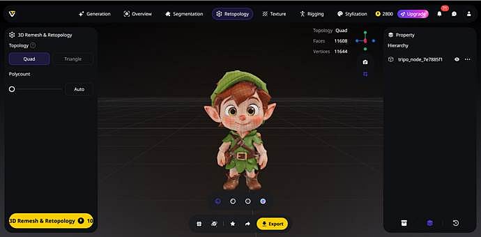 3D character model in 3D remesh and retopology software interface