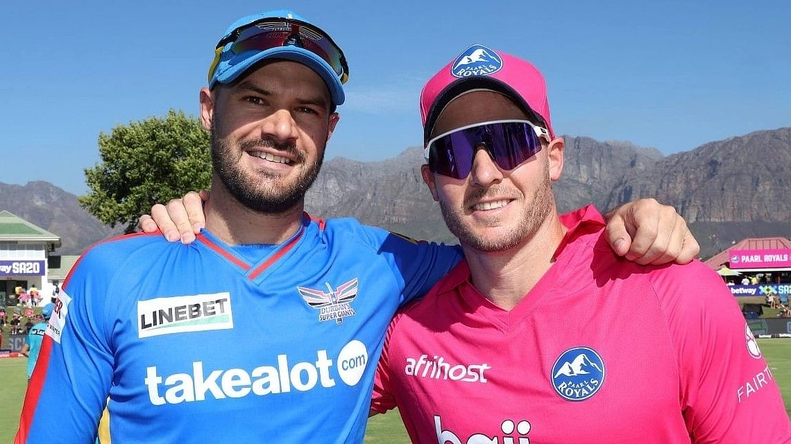 SA20  : Captains Aiden Markram (left) and David Miller at the toss for the SA20 2026 match between Paarl Royals and Durban's Super Giants.