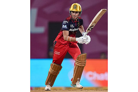 Royal Challengers Bengaluru's captain Smriti Mandhana during a Women's Premier League (WPL) T20 cricket match between Royal Challengers Bengaluru and UP Warriorz, at the DY Patil Stadium in Navi Mumbai.