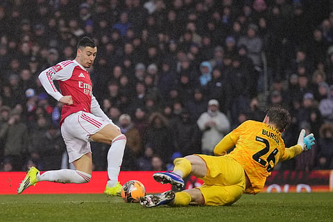 Arsenal's Gabriel Martinelli scores during the FA Cup third round soccer match between Portsmouth and Arsenal in Portsmouth, England.
