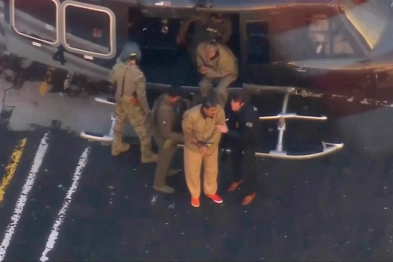 Venezuelan President Nicolas Maduro getting off a helicopter on his way to Manhattan Federal Court