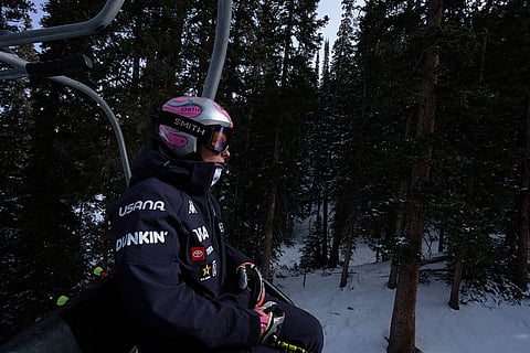 Skier Keely Cashman, 26, of Strawberry, Calif., rides the chairlift up for practice with the U.S. Women's Ski Team at Copper Mountain, Colo.