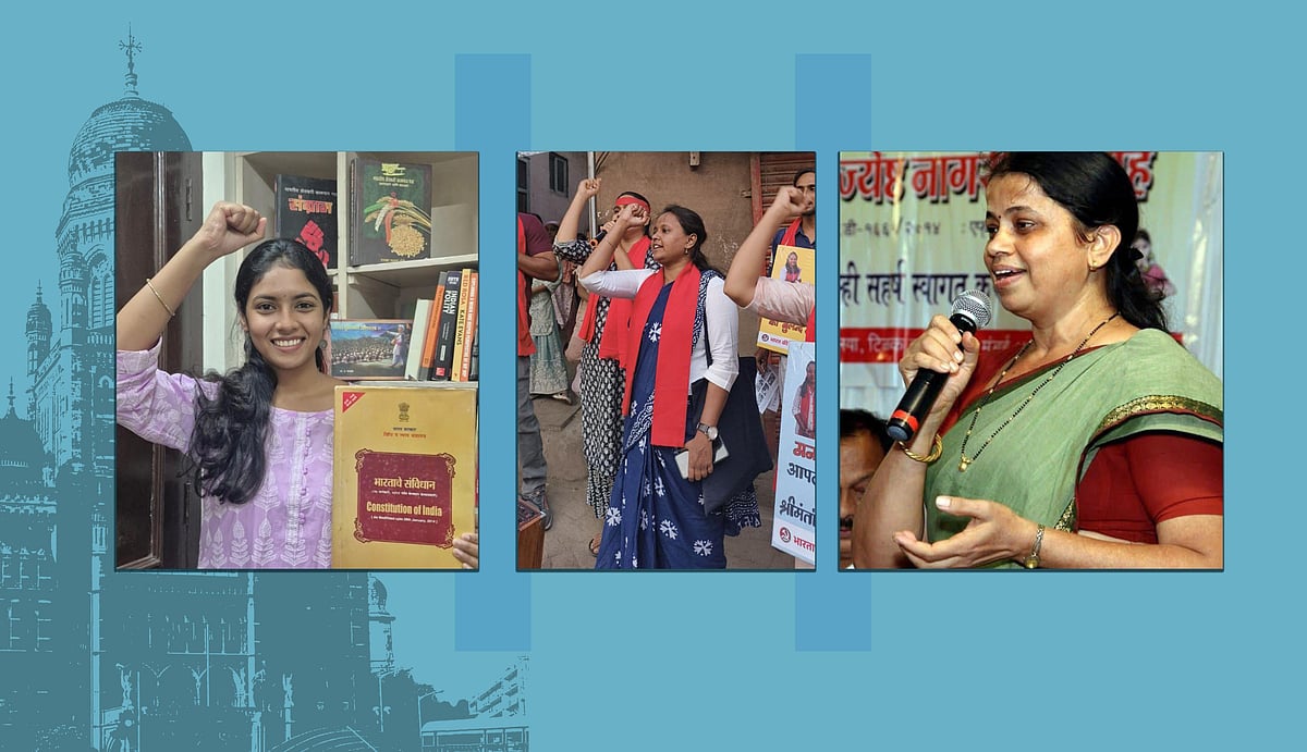 Left to right: Samya Korde (Shetakari Kamgar Paksha – Workers & Peasants Party), Pradnya Prabhulkar (RWPI), and Pranali Raut (Aam Aadmi Party).
