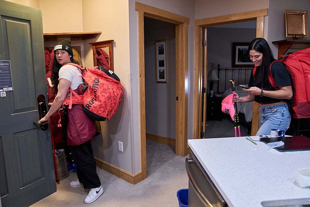 Skiers Jackie Wiles, of Portland, Ore., left, and Bella Wright, of Salt Lake City