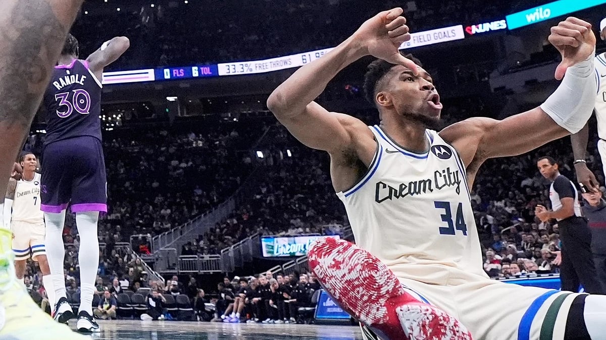 AP : Giannis Antetokounmpo reacts to the crowd during their match against Minnesota Timberwolves.
