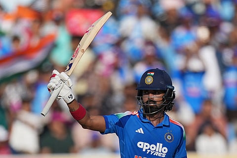 India's KL Rahul celebrates after scoring fifty runs during the second One Day International cricket match between India and New Zealand in Rajkot, India.