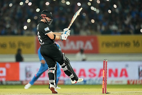 New Zealand's Henry Nicholls bowled to by India's Prasidh Krishna during the second One Day International cricket match between India and New Zealand in Rajkot, India.
