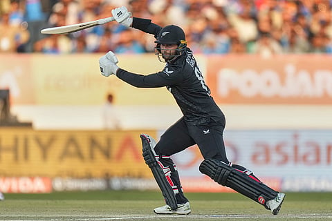 New Zealand's Devon Conway plays a shot during the second One Day International cricket match between India and New Zealand in Rajkot, India.
