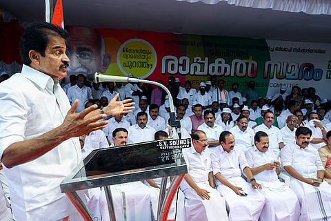 Congress MP KC Venugopal speaks during a protest against the Centre's alleged dilution of the MGNREGA, in front of Kerala Lok Bhavan, in Thiruvananthapuram.