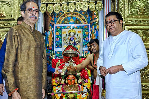Shiv Sena (UBT) chief Uddhav Thackeray and Maharashtra Navnirman Sena (MNS) chief Raj Thackeray visit the Mumbadevi Temple, in Mumbai.
