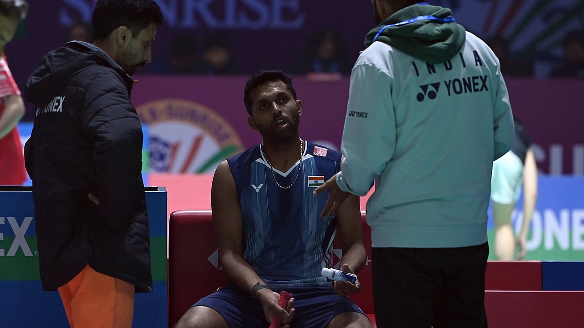 | Photo: X/BAI_media : India's HS Prannoy in action during the India Open match against Loh Kean Yew on January 15, 2026.