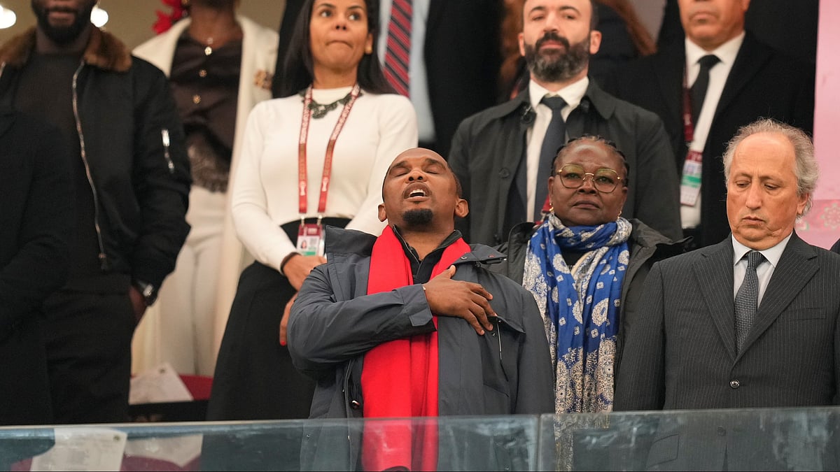 | Photo: AP/Mosa'ab Elshamy : Cameroonian football administrator and former player Samuel Eto'o, center, attends the Africa Cup of Nations quarterfinal soccer match between Cameroon and Morocco, in Rabat, Morocco, Friday, Jan. 9, 2026.