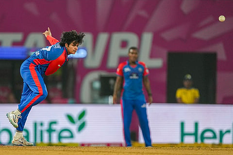 Delhi Capitals' Shafali Verma bowls during a Women's Premier League (WPL) T20 cricket match between Delhi Capitals and UP Warriorz, at the DY Patil Stadium in Navi Mumbai.