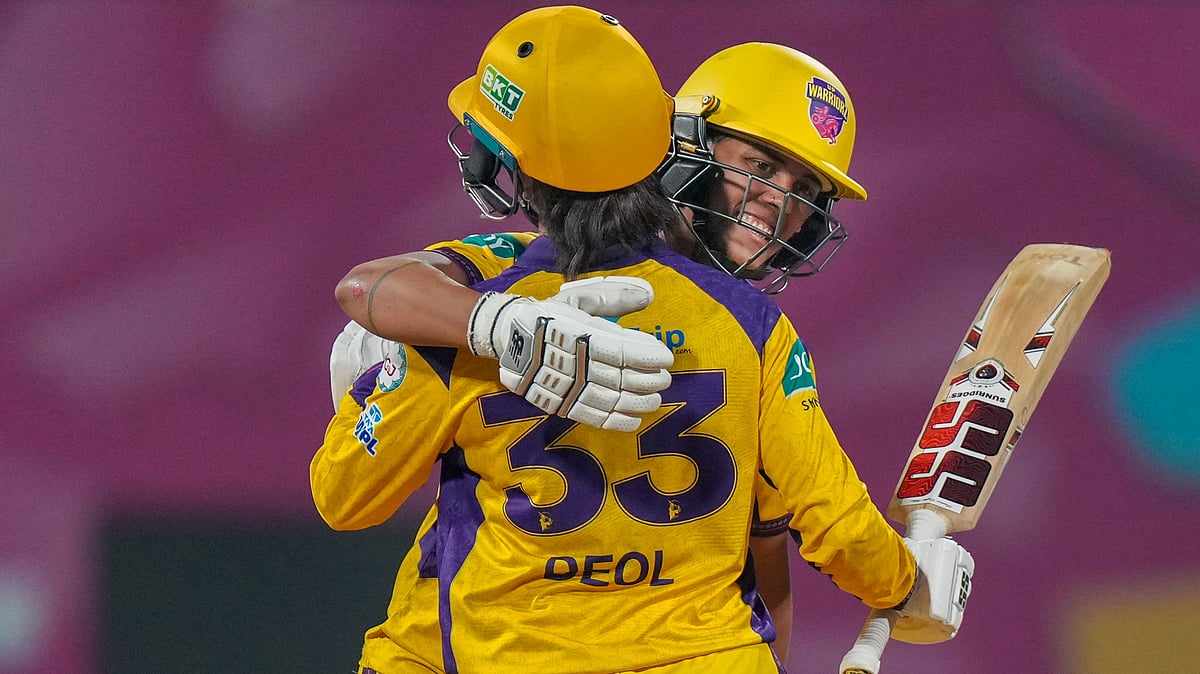 | Photo: PTI/Kunal Patil : UP Warriorz' Harleen Deol celebrates with teammate Chloe Tryon after her half century during the Women's Premier League (WPL) 2026 T20 cricket match between Mumbai Indians and UP Warriorz, at the DY Patil Stadium, in Navi Mumbai, Thursday, Jan. 15, 2025.