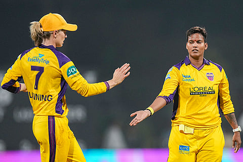 UP Warriorz' Deepti Sharma, right, celebrates with captain Meg Lanning after taking the wicket of Delhi Capitals' Lizelle Lee during the Women's Premier League (WPL) 2026 T20 cricket match between UP Warriorz and Delhi Capitals, at the DY Patil Stadium, in Navi Mumbai.