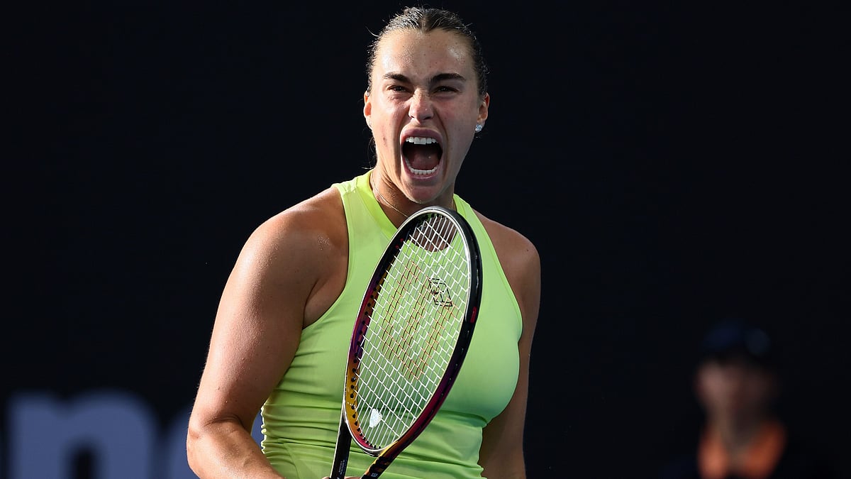 | Photo: AP/Tertius Pickard : Aryna Sabalenka of Belarus reacts after winning a point during the women's final match against Marta Kostyuk of Ukraine at the Brisbane International tennis tournament in Brisbane, Australia, Sunday, Jan. 11, 2026.