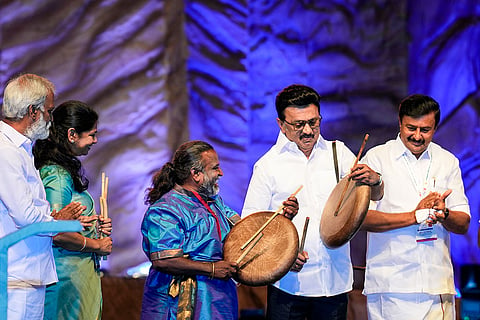 Tamil Nadu Chief Minister MK Stalin with DMK MP Kanimozhi during the inauguration ceremony of ‘Chennai Sangamam’ marking the ‘Pongal’ festival celebrations, in Chennai. It showcases culture, tradition and over 50 art forms, including folk arts of the state. 