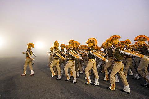 Central Industrial Security Force (CISF) personnel during rehearsals amid dense fog on a cold winter morning, ahead of the Republic Day Parade, in New Delhi.